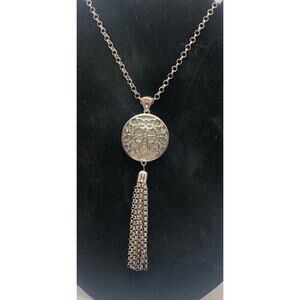Vintage Charming Charlie Silver Tone Round Statement Tassel Pendant Necklace